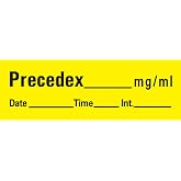 PDC Healthcare AN-24 "Precedex mg/mL" Removable Anesthesia Tape with Date, Time and Initial, 1" Core, 1/2" Width, 500" Length, Yellow