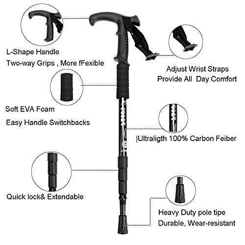 LIVEHITOP Hiking Poles Trekking Poles Collapsible Ultralight Walking Stickers Ultra Anti Shock Trail Cane with Carbon Fiber Aluminum T Handle All Terrain Accessories, Best For Women Men Kids Black
