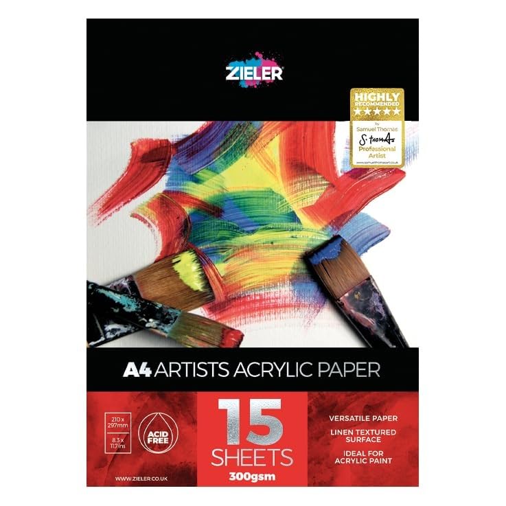 Acrylic Painting Pad - 300gsm, 15 Sheets - by Zieler™ Linen Textured Surface & Acid Free. Ideal for Acrylic Painting. (A4)