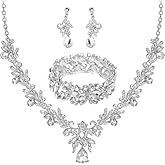 Enrwin Wedding Leaf Flower Crystal Teardrop Pendant Necklace Dangle Earrings Stretch Bracelet Jewelry Set for Women Bridal Party Prom