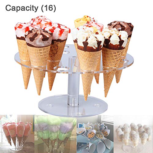 Clear Acrylic Ice Cream Cone Stand Holder Capacity 16 Holes to Display Sushi Hand Rolls Popcorn Cotton Candy French Fries Sweets Savory