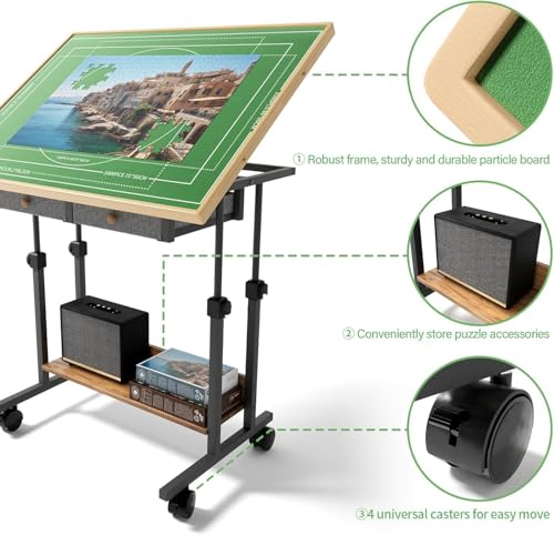 KAPEICamper 1500 Piece Puzzle Table with Adjustable Height, Jigsaw Puzzle Board with 4 Wooden Drawers & 2 Large Fabric Drawer & Cover & Storage Shelf, 86x67cm Angle Board Easel with Wheels for Adult
