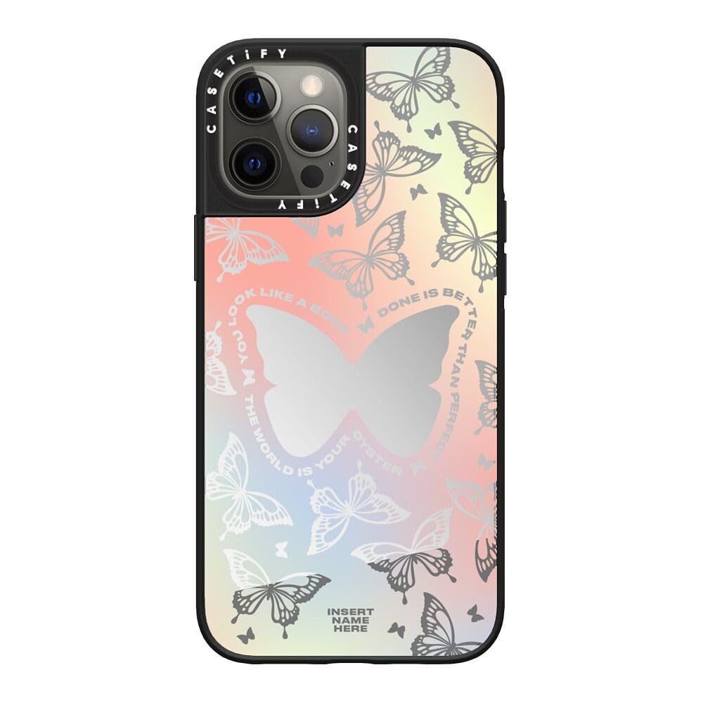 CASETiFY Mirror iPhone 12 Pro Max Case [Reflective / 4.9ft Drop Protection/Compatible with Magsafe] - You Give Me Butterflies - Silver On Black