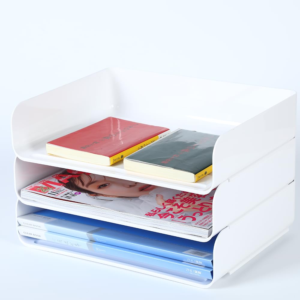 3 Tier Stackable A4 Filing Trays, Office Desk File Rack, Tidy File Document Letter Paper Organiser (3 Tiers,White)