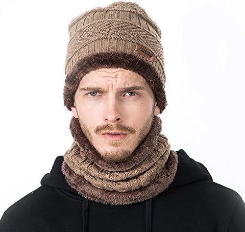 Winter Knit Hat Scarf Set, Warm Thick Knit Skull Cap For Men/Women (Khaki)