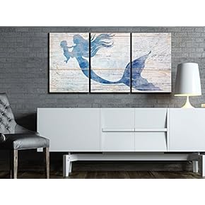 3 Piece Canvas Wall Art - Mother Mermaid and Baby Mermaid on Rustic Wood Background (Stye 2) - Modern Home Art Stretched and Framed Ready to Hang - 16"x24"x3 Panels