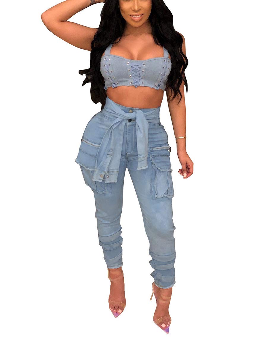 Ophestin Women\'s Ripped Jeans Pencil Pants Denim Pants High Waisted Skinny Leggings Trousers Blue