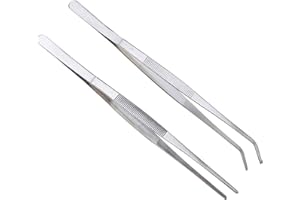 DOPHYRANIX 2 Pcs Straight and Curved Tip Tweezers 12 Inch, Stainless Steel Precision Tweezers Set with Serrated Tips Comfortable Ridged Handle, Tweezer Tongs for Cooking Repairing