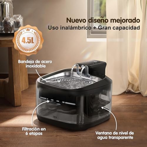 Fuente de Agua para Gato Inalámbrica, 4.5L Automática Bebedero para Gato y Perro con Acero Inoxidable Bandeja de Agua,Ultrasilencioso Fuente para Mascota de Gran Capacidad con Sensor de Movimiento