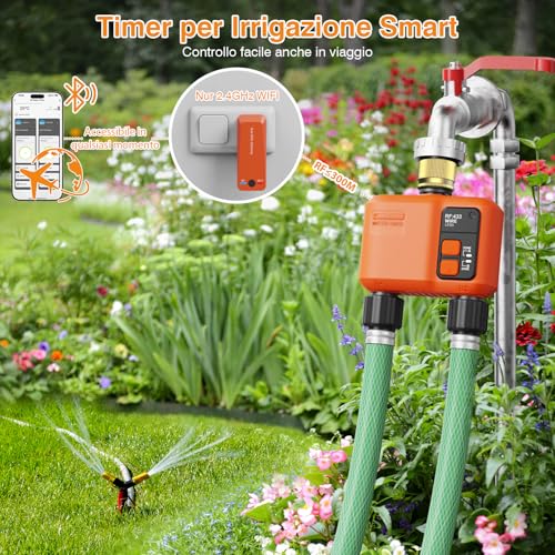 WiFi Irrigation Control Unit with 2 Outlets with 300 m RF, Brass Input, Smart Watering Timer Compatible with APP and Alexa Voice, Rain Delay, Watering Timer for Garden