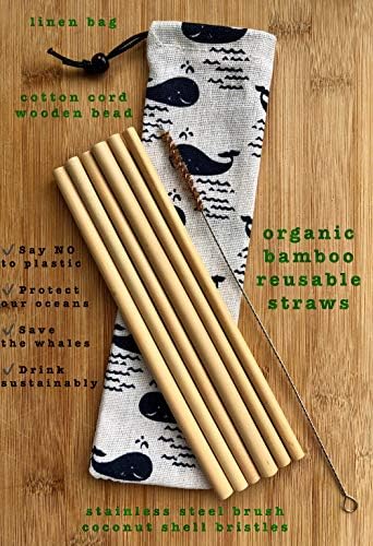 Reusable Organic Bamboo Straws with Coconut Shell Brush and Linen Whale Bag - 20% Donation to Save the Whales (6-pack, plain)