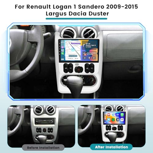 Roinvou 2+64G Android Car Radio for Renault Logan 1 Sandero 2009-2015 Largus Dacia Duster with CarPlay Wireless Android Auto, 9 Inch Screen Radio Wi-FI GPS Bluetooth EQ FM/RDS SWC Backup Camera