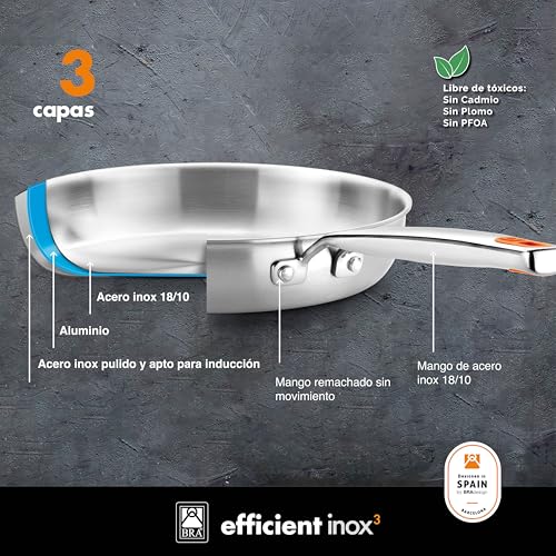 BRA Efficient Inox | Wok 28 cm, Three-Layer (18/10 Stainless Steel Interior + Aluminium Interior + 18/0 Magnetic Stainless Steel Exterior), Induction Safe, Non-Stick, Riveted Handle