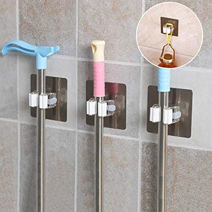 ORPIO (LABLE) Wall Mounted Mop & Broom Hanger Holder Organiser, for Kitchen, Bathroom Garage and Garden, Silver (Pack of 2)