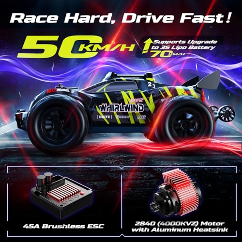 DEERC 1/14 Fast Brushless RC Car for Adults, 43 MPH High Speed 4x4 Off-Road RC Truck, Waterproof Monster Truggy, All Terrain Remote Control Drift Car for Boys 8-12, 2 Batteries, 3S Lipo Compatible