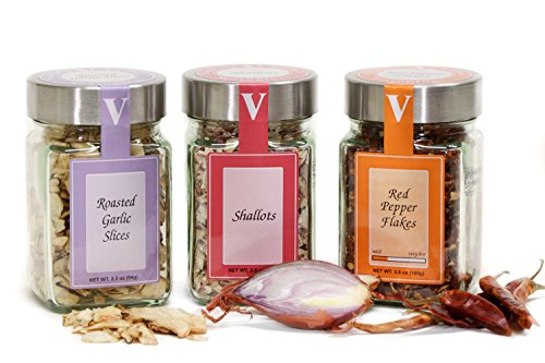 Pantry Essentials - ROASTED GARLIC SLICES, DRIED SHALLOTS, AND RED PEPPER FLAKES add flavor to soup, stew, sauces, and salad dressing. VICTORIA TAYLOR'S BY VICTORIA GOURMET.