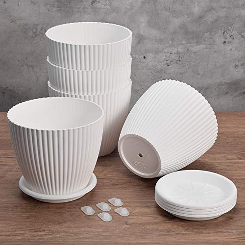 6 inch Plastic Planters with Saucers, Indoor Flower Plant Pots, Set of