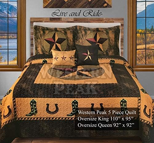 Western Peak 5 Pc Western Texas Cross Lodge Barbed Wire Quilt Bedspread Shams Pillow Oversize Comforter (Gold Cowboy Star, Queen)