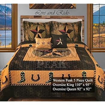 Western Peak 5 Pc Luxury Western Texas Star Cowboy Horse Cabin Lodge Quilt Bedspread Oversize Comforter (Gold Cowboy, King)