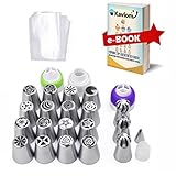 RUSSIAN PIPING TIPS: for Flower Frosting Decorating + 4 Couplers | ALL-IN-ONE 50 PC Cake Decorating Tips Set | 16 Russian Nozzles,3 Ball Tips,1 Leaf Tip,30 Pastry Bags w/ Guide (Baking Decorating Kit)