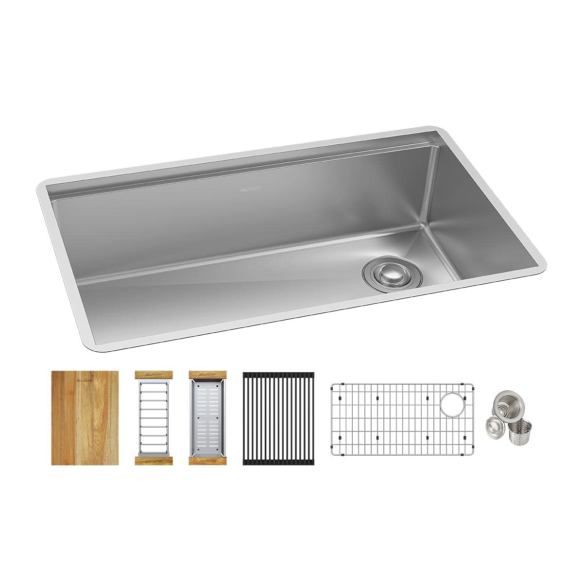 Photo 1 of Elkay EFRU30169RTWC Crosstown 31-1/2" Undermount Single Basin Stainless Steel Kitchen Workstation Sink with Basin Rack, Basket Strainer, Colander, and Cutting Board - Stainless Steel