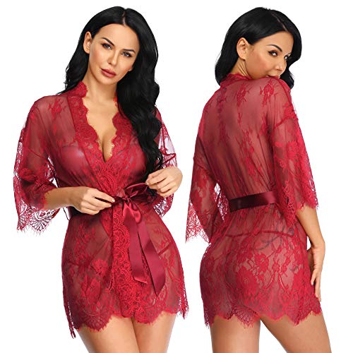 LALAVAVA Women Sexy Robe Lingerie Set Lace Flower Kimono Babydoll Short Nightgown (Red, L)