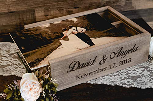 Personalized Wine and Letter Box Keepsake for Wedding Ceremony, Custom Photo on Wood Lid with First Names & Date Engraved on Side