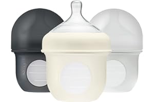 Boon Nursh Reusable Silicone Pouch Baby Bottles - Slow Flow Nipple - Silicone Baby Bottle Pouch and Nipple - Baby Feeding Essentials - Gray - 0-3 Months - 3 Count - 4 Ounce