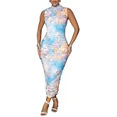 CHICME Womens Floral Mesh Summer Midi Dress | Lightweight Stretchy Fabric, Mock Neck Ruched Bodycon Fit, Elegant Sleeveless D