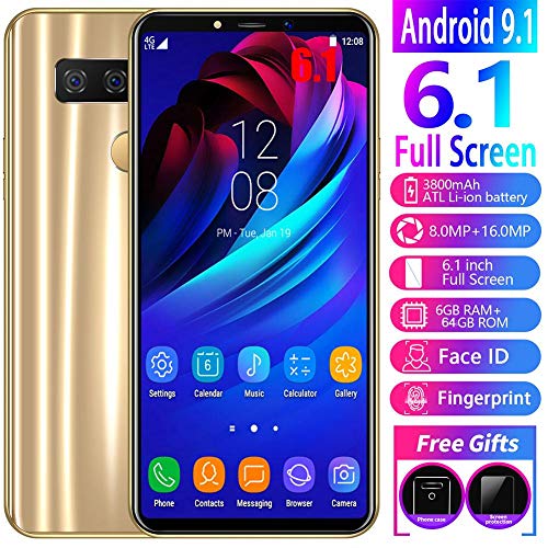 6.1" Unlocked Smartphone with HD Full Screen, Android 9.1 System, Face Recognition, 4+64G, Octa-Core Dual Card Dual Standby,Dual Camera(US)