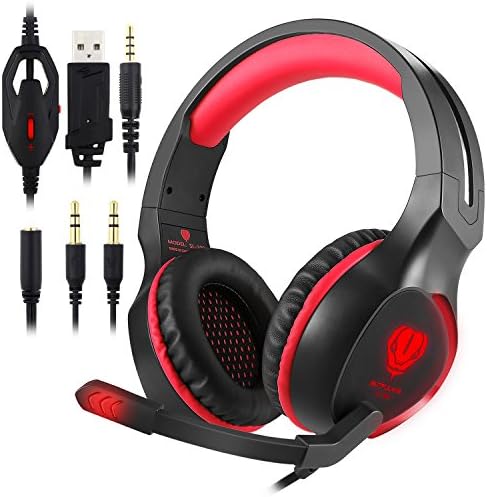 ohCome Gaming Headset with Mic for PS4, New Xbox One, Nintendo Switch, PC - Professional 3.5MM LED Light Over-Ear Headband Noise Reduction Surround Sound Stereo Headphones with Splitter (Black-red)