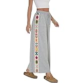 Fenclushy Womens Wide Leg Pants Stretch Casual Drawstring Waist Loose Lounge Sweatpants Crochet Panel Pant with Pocket
