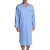 Xijadi Men's Cotton Nightshirt Thin Long Sleeve Henley Neck Button Long Sleepwear Soft Nightgown for Sleeping Sleep Shirt