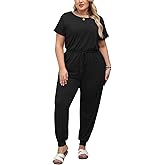 Nemidor Plus Size Casual Jumpsuits for Curvy Women Summer Short Sleeve Drawstring Waist Long Pant Romper with Pocket 16-26