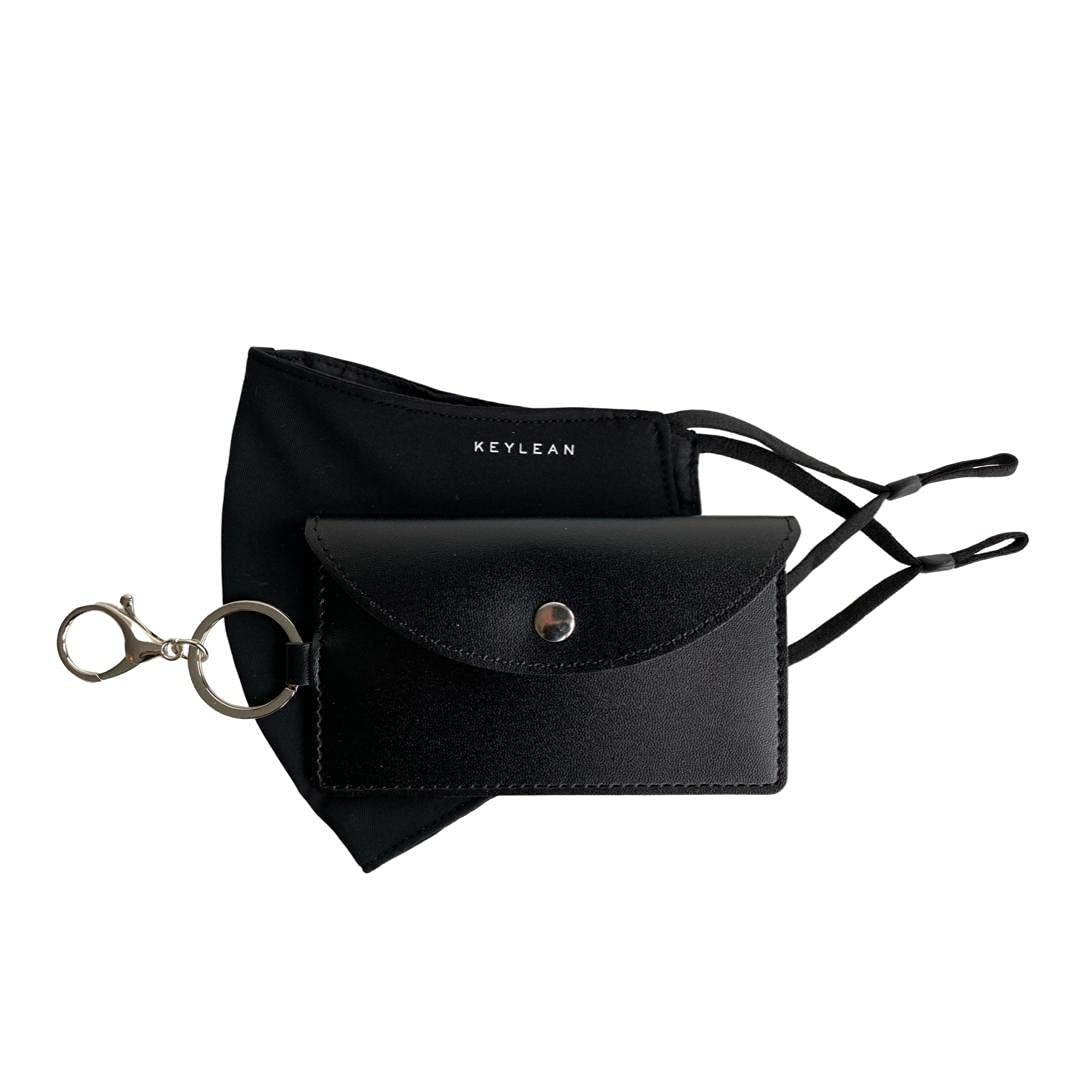 KEYLEAN Unisex Adult Super Soft Reusable and Adjustable Ear Loops 2 Ply Washable Cloth Face Mask with Leather Pouch Keyring Holder, Black