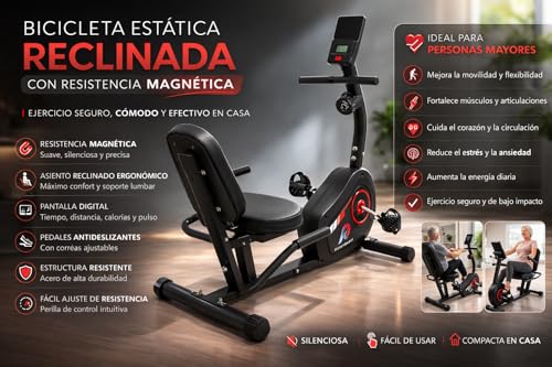 RESTSUKO Bicicleta Estática Reclinada Mayores, Bici Fija Magnética Silenciosa con 8 Niveles, Volante 2.6KG, Pantalla Monitor, Asiento Ergonómico, Soporta hasta 150 KG, Ideal para Gimnasio en Casa y Rehabilitación 123x63x100CM
