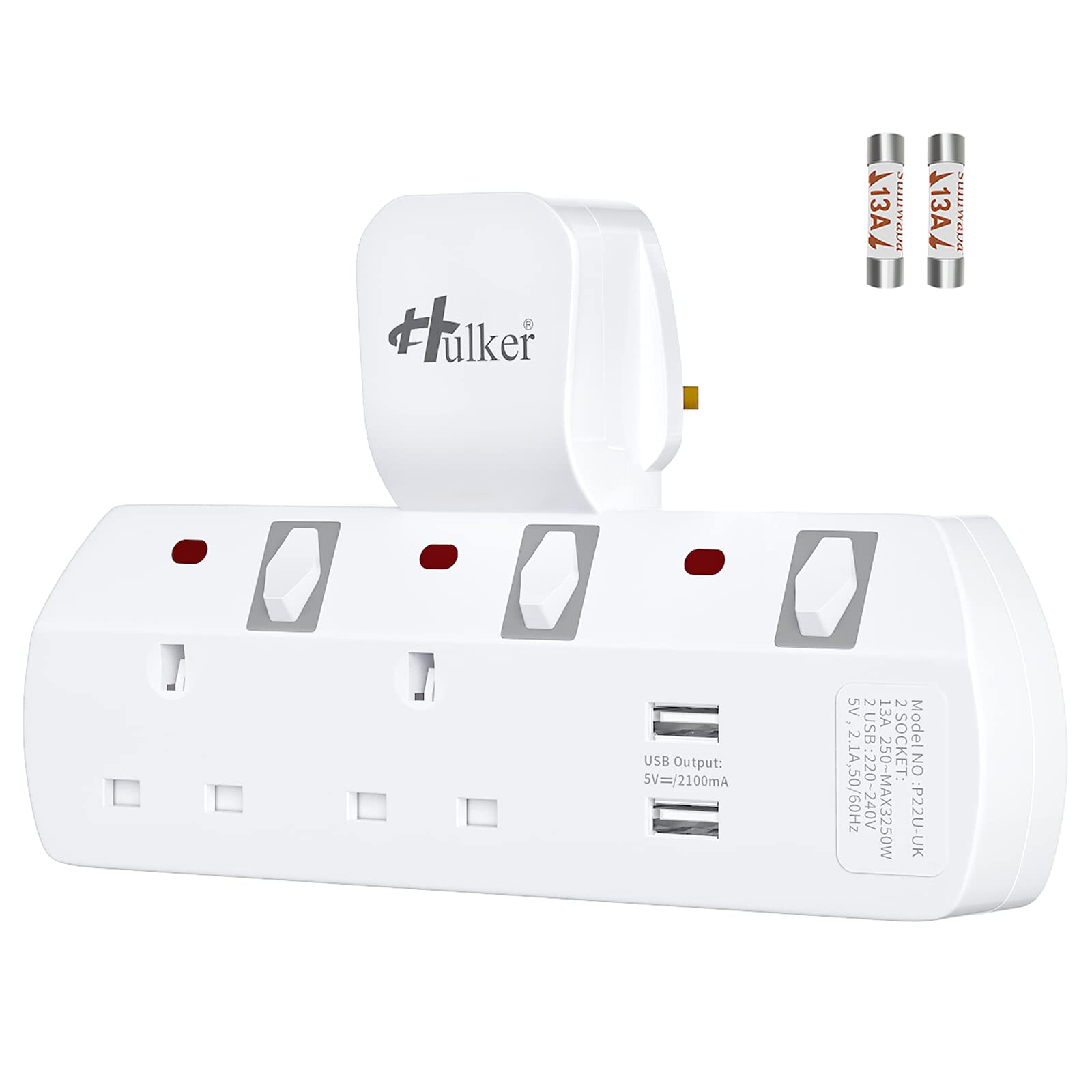 Hulker Multi Plug Socket Extension - 2 Way with 2 USB, Short Circuit Protection, Turn 1 into 4 Multi USB Plug Adaptor UK Socket