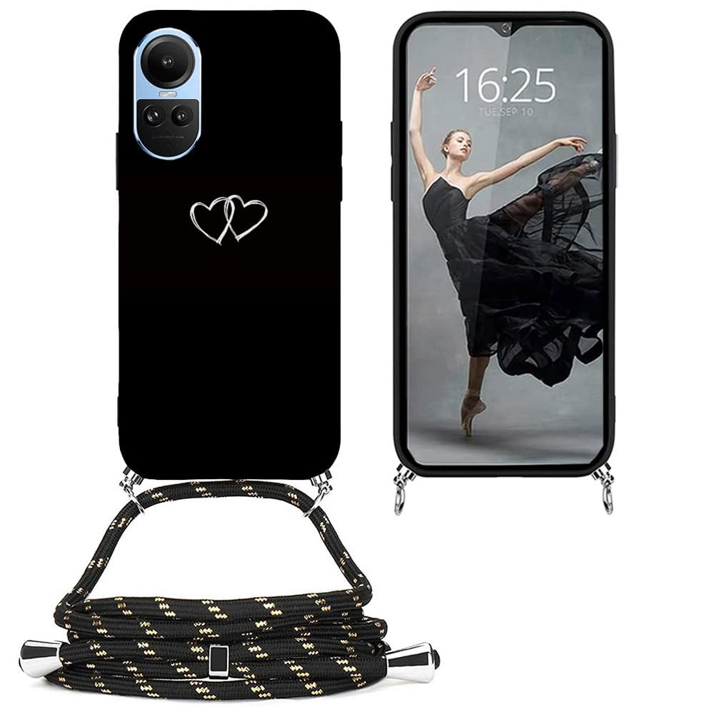 EuoDuo for Oppo Reno 10/10 Pro Neck Strap Phone Case Crossbody Adjustable Nylon Lanyard Black Patterned Design Cord Shockproof Cover - Love Heart