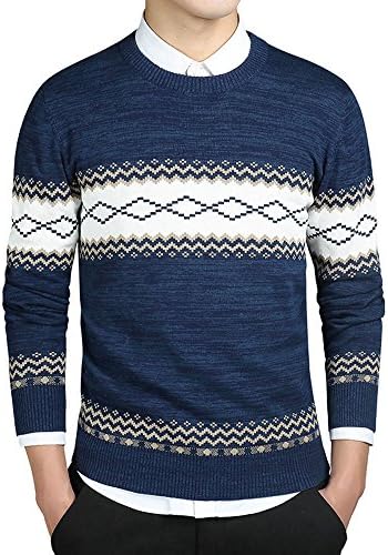 GARQEN Mens Pullover Sweater Coat Long Sleeve O-Neck Knitted Casual Cotton Sweater Men Striped Slim Warm Blue XR211 XXXL