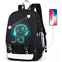 School Backpack for Boys, Cartoon Luminous Bookbag 15.6inch Laptop Bag with USB Charging Port - Music Black