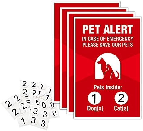Pet Alert Sticker - 4 Pack - 4x6 inches - Safety Window Sign