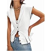 SurBepo Vest Tops for Women V-Neck Button Down Linen Blazer Cap Sleeve Fitted Waistcoat Work Casual Dressy Clothes