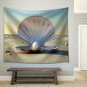 an Open Sea Shell with a Pearl Inside - Fabric Wall Tapestry Home Decor - 51x60 inches
