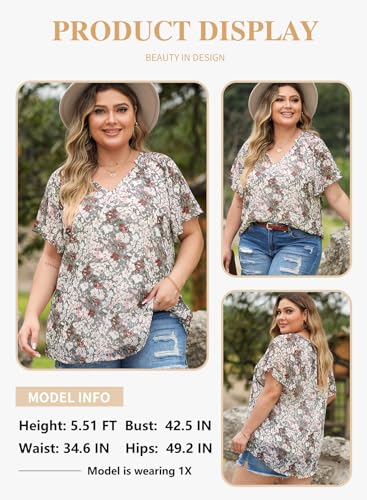 EYTINO WOMEN PLUS SIZE SUMMER TOPS FLORAL PRINTED V NECK CASUAL LOOSE SHORT SLEEVE BLOUSES SHIRTS,2X GRAY