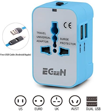 Egeen Worldwide All in One Universal Travel Adapter Converters,Free USB Cable (Support Android/Apple),AC Power Plug Adapter,Wall Charger,Dual USB Charging Ports/USA/EU/UK/AUS,Cell phone laptop (Blue)