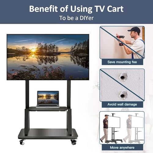 Mobile TV Stand Rolling TVs Cart for 32-75 Inch, Height Adjustable Floor TV Stand, LCD LED Flat Panel Curved Screen, with Wheels as a Movable Portable TV Stand, Max VESA 600x400mm