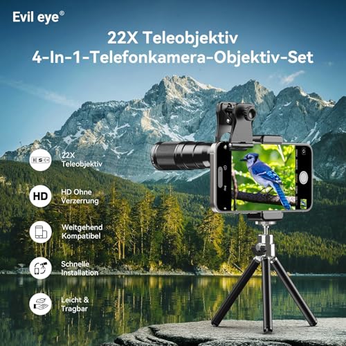 Evil Eye - 22x Telephoto Lens/ 205° Fisheye Lens/ 120° Wide Angle Lens/ 20x Macro Lens/ Tripod and Remote Shutter for iPhone Samsung, Huawei and Most