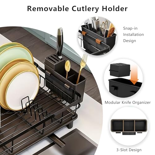 Velvaria Multi-Functional Dish Drying Rack, Large Metal Dish Drainer with Drip Tray and 360° Swivel Spout for Kitchen Counter (White, 2 Tiers)