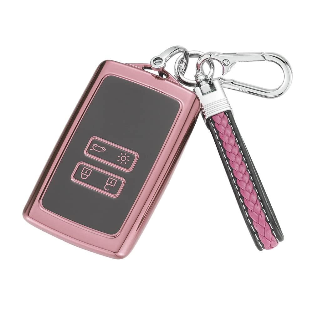 TPU Cover Shell for Renault 4 Buttons Car Key Fob,Keyless Smart Card Case Holder Fit to Clio/Megane/Kadjar/Captur/Dacia Duster，with Keychain - Pink
