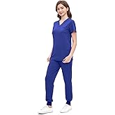 Jogging Scrubs Set for Women,Soft and Stretchy Nurse Uniform V-Neck Top and Yoga Jogger Pants with Multi Pocket